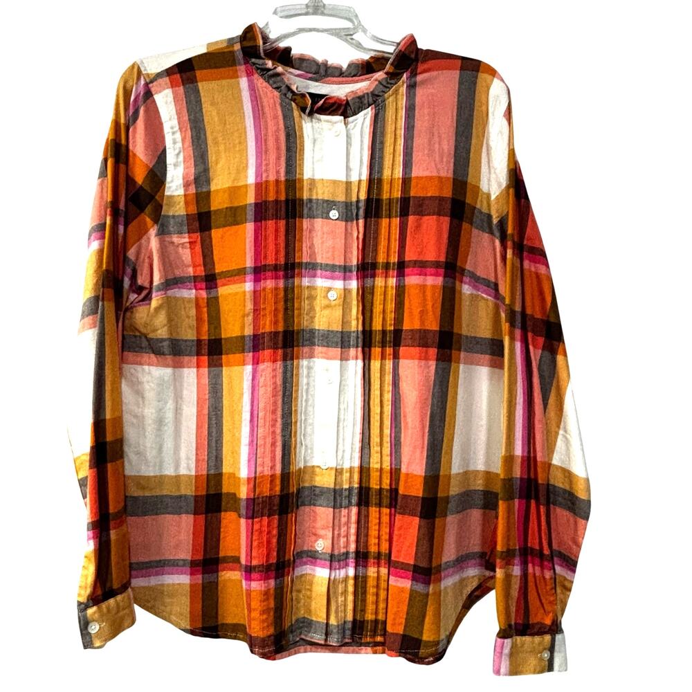 NEW J Crew plaid flannel blouse top size XL roll tab sleeves gold pink & gray